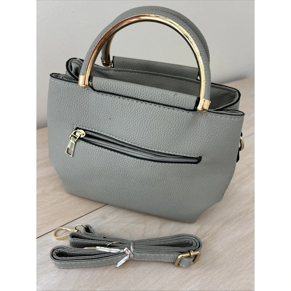 Nicole & Doris Small Light Gray‎ Handbag Attachable Trapp PU Leather Gold Trim